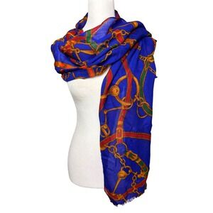 Lauren Ralph Lauren Scarf Women Equestrian Heritage Preppy Blue Lightweight Wool